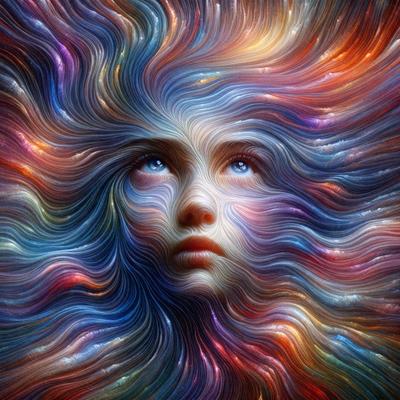 The primary subject of the image is a woman with long hair, who appears to be a young girl. She is the main focus of the image, and her face is prominently displayed. The setting is a colorful, abstract background that adds a vibrant and artistic touch to the scene. The visual style of the image is a combination of digital art and illustration, creating a unique and eye-catching representation of the woman. The colors and mood of the image are predominantly warm and inviting, with a
